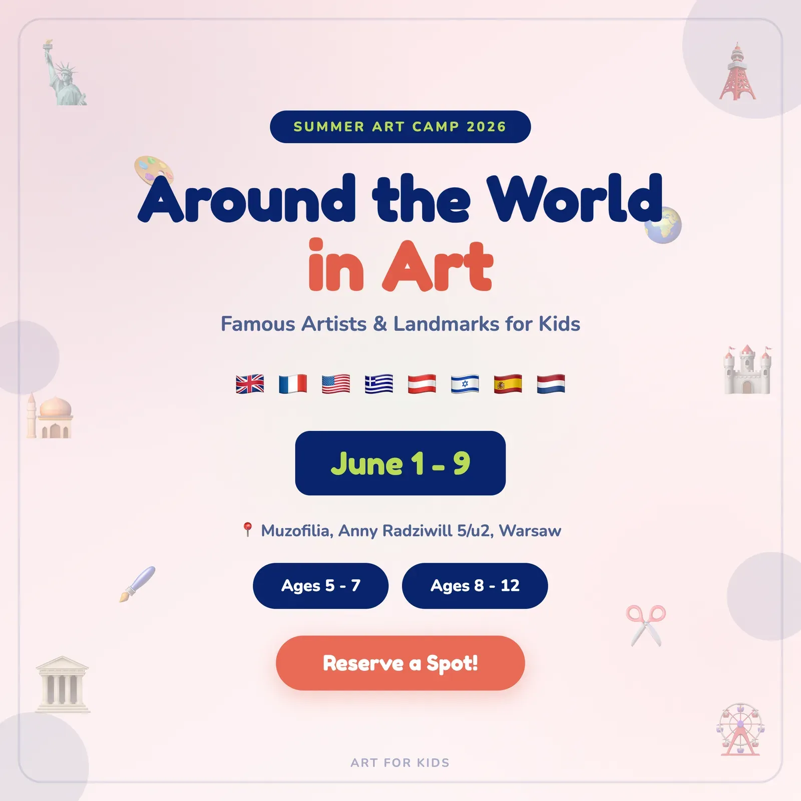 Around the World in Art summer camp poster